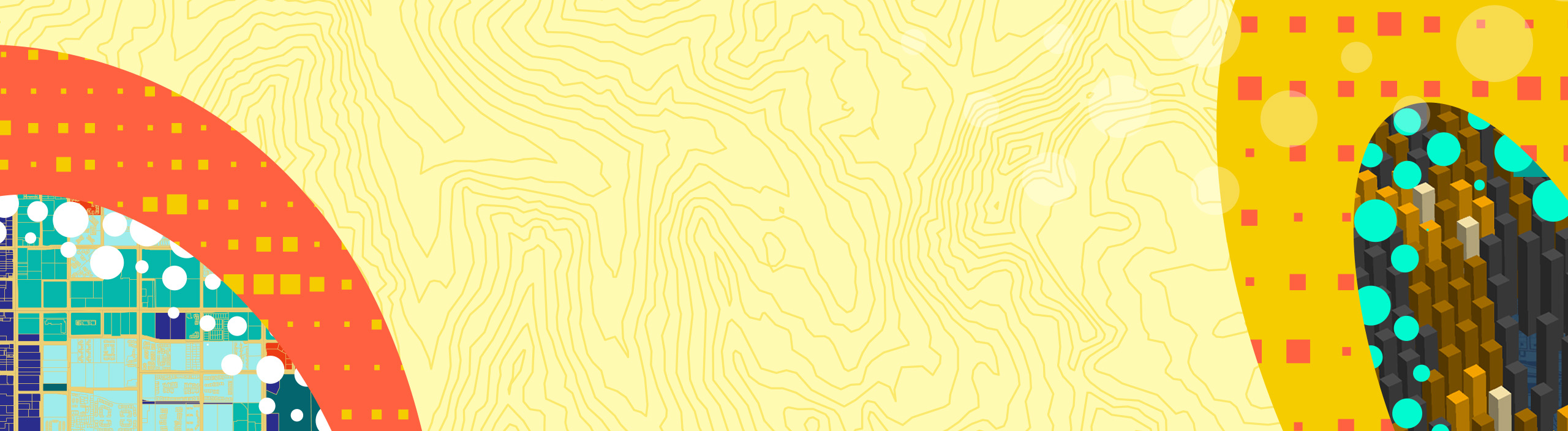 Colorful graphics and icons combining geometric shapes with maps and stylized aerial imagery