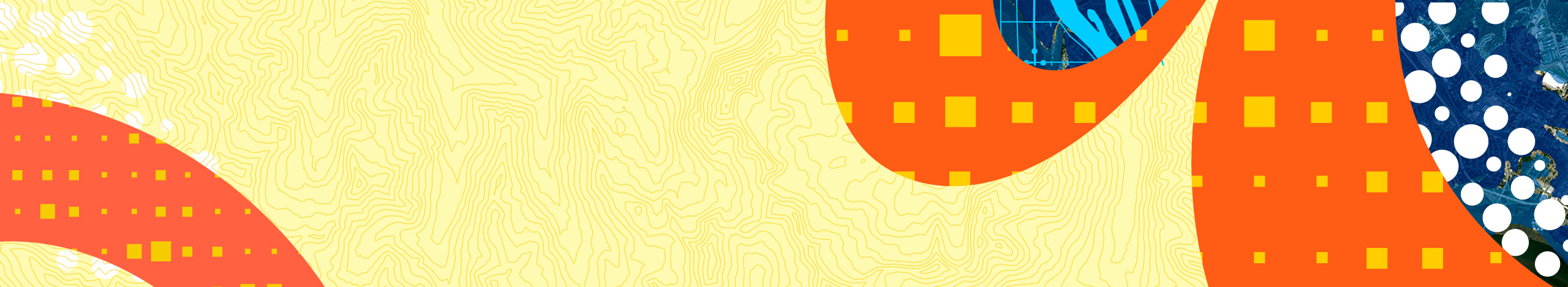 Colorful graphics and icons combining geometric shapes with maps and stylized aerial imagery
