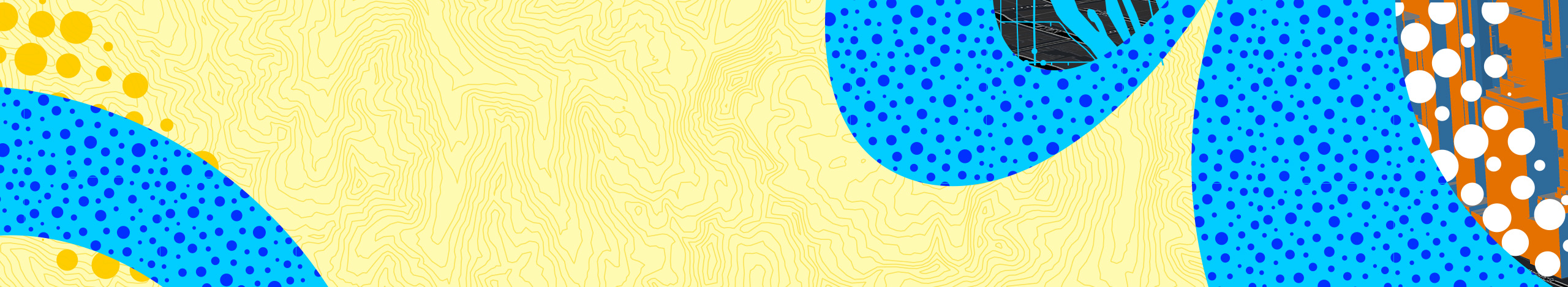 Abstract graphic artwork featuring bold blue curved shapes over a soft yellow background