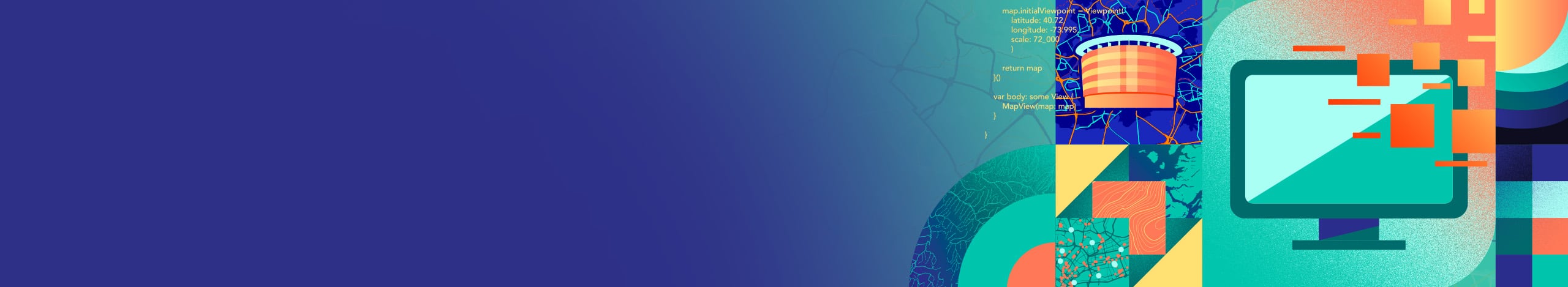 Blue, green, and aqua graphics depicting aerial view city street maps, blocks of code, wave patterns, and geometric shapes