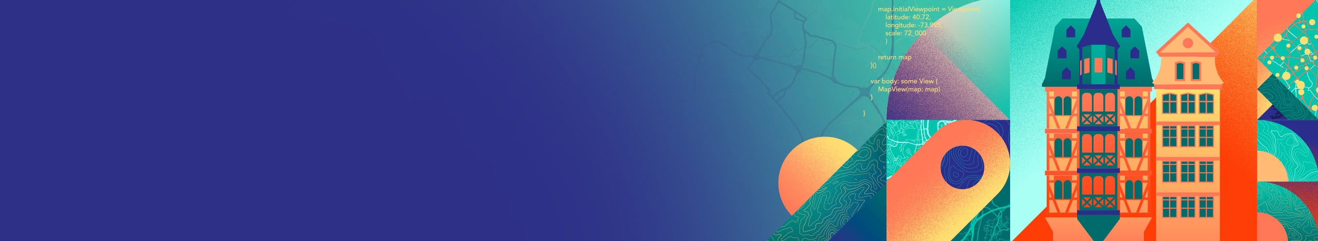 Blue, green, and aqua graphics depicting aerial view city street maps, blocks of code, wave patterns, and geometric shapes