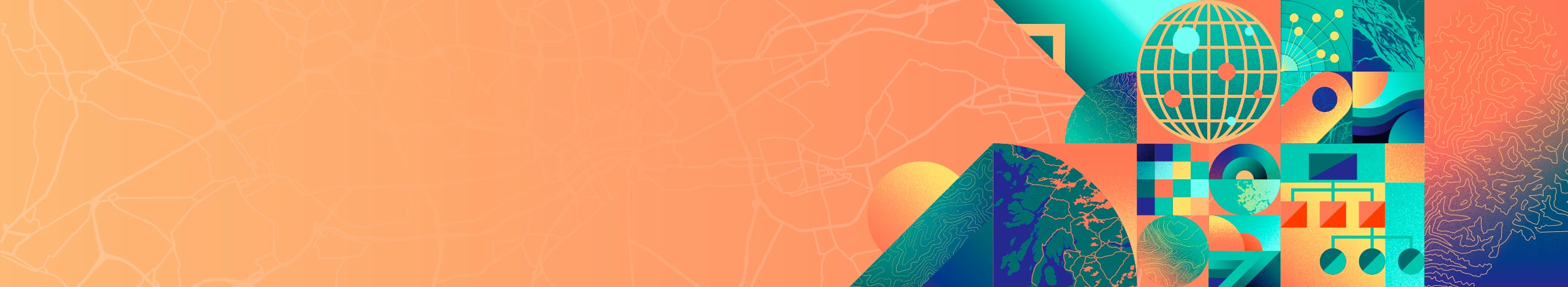 Colorful collage of geometric shapes, maps, and data-inspired patterns representing geospatial technology