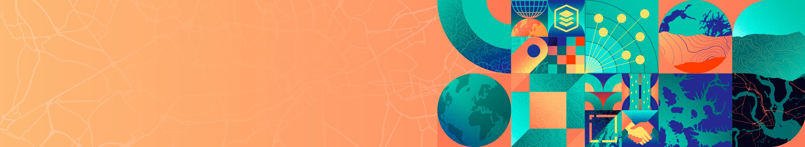 Illustration featuring maps on multiple devices alongside network and data visualization elements
