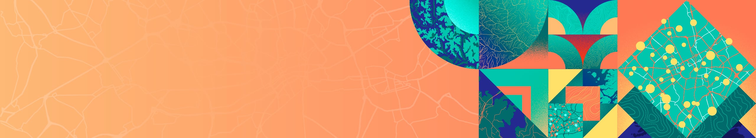 Stylized map elements like road networks, topographic lines, waterways, and data points