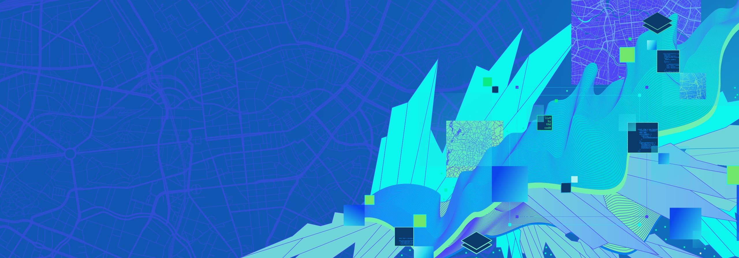 Blue, green, and aqua graphics depicting aerial view city street maps, blocks of code, wave patterns, and geometric shapes