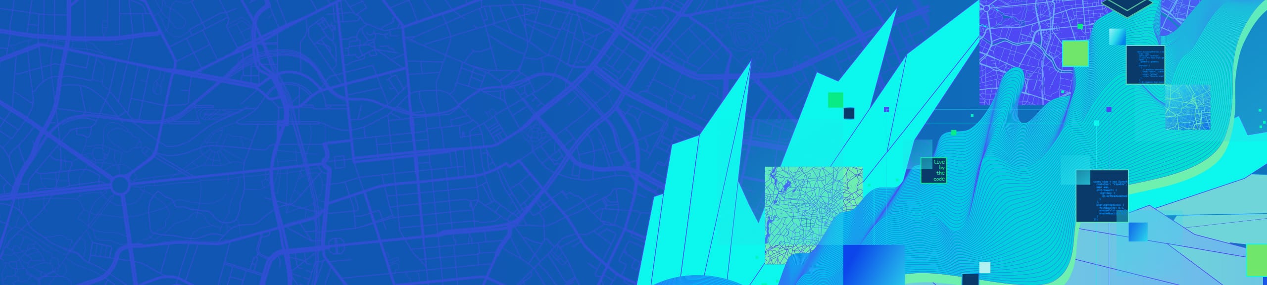 ,Blue, green, and aqua graphics depicting aerial view city street maps, blocks of code, wave patterns, and geometric shapes