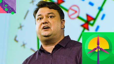 Presenter wearing a dark purple button up shirt overlaid with a colorful graphic of a wind turbine