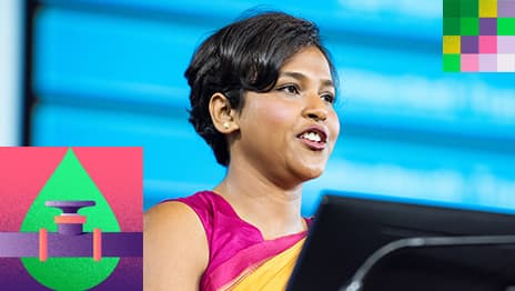A presenter wearing a pink blouse overlaid with a colorful graphic of a water pipeline