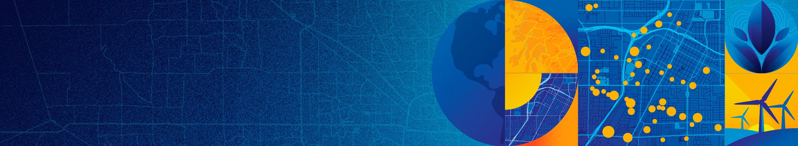 Agenda at a Glance banner with a dark blue map and background drawings of a map, a globe, wind farm, and a plant