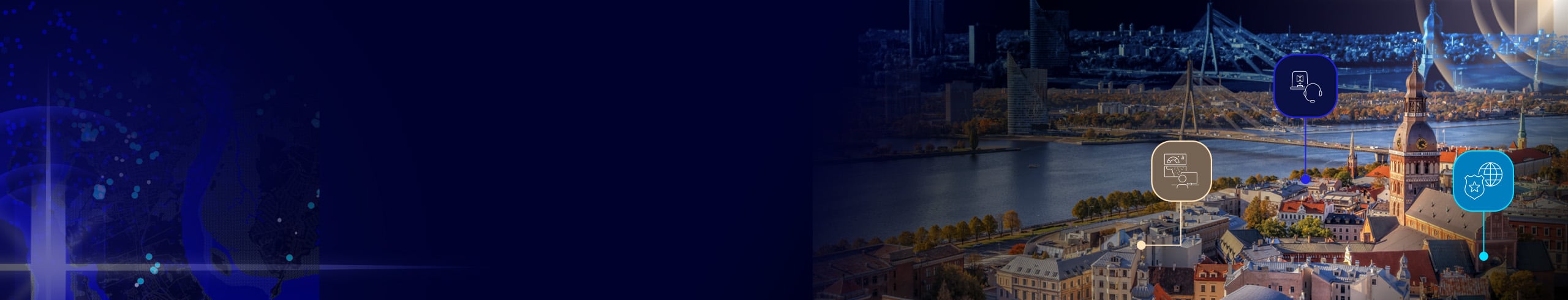 Agenda at a Gllance banner showing a European city along a river, with icons for surveillance, monitoring, and communications