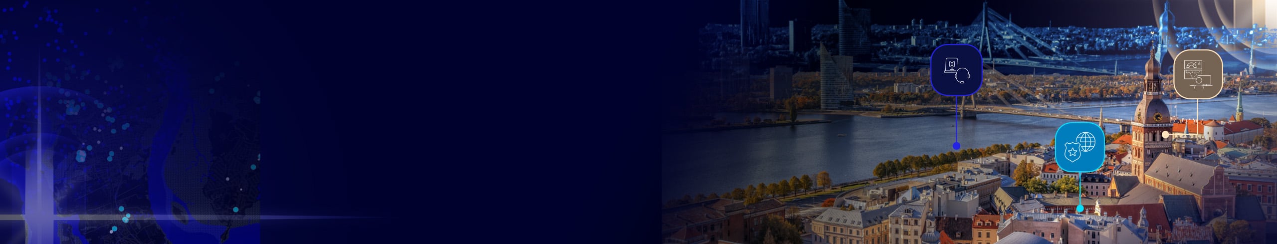 Become a Sponsor or Exhbitor banner with a European city on a river and icons for surveillance, monitoring, and communications