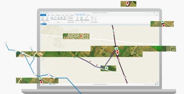 Drawing of a laptop with a linear map on screen and in the background, with slices of realistic maps across the middle