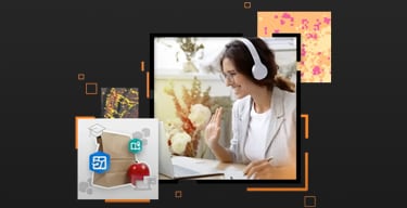 Black background with three stacked squares, showing a bag lunch, a woman in white at a video conference, and an abstract orange and yellow design