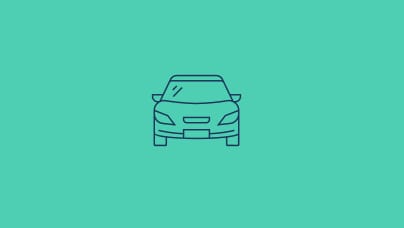 A simple line icon of the front view of a passenger vehicle in dark blue lines on a teal background