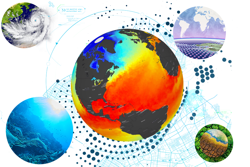 A heat map of planet earth with four circular images of a hurricane weather map, a coral reef, ecological marine units and a desert landscape