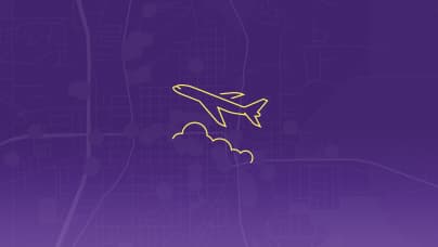 A simple line icon of the side view of an airplane over clouds in yellow lines on a purple background