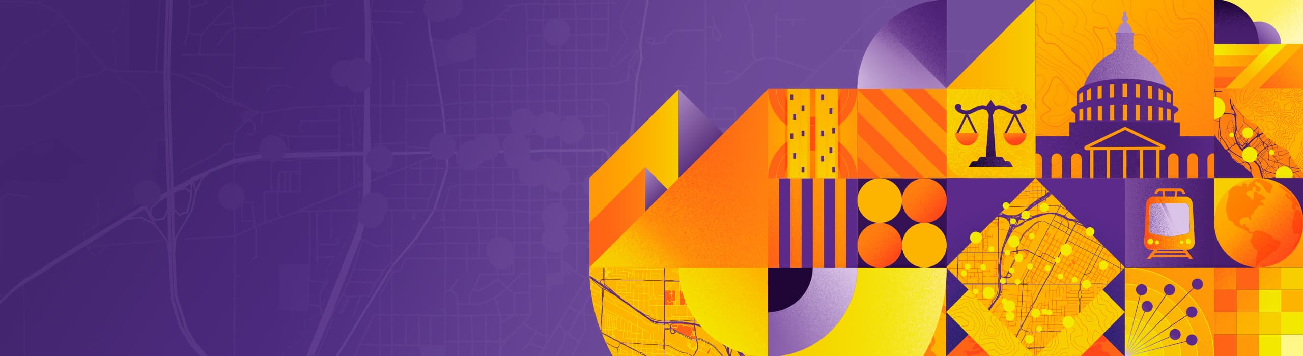 Yellow, purple, and orange montage of abstract elements, scales of justice, maps, and US Capitol dome