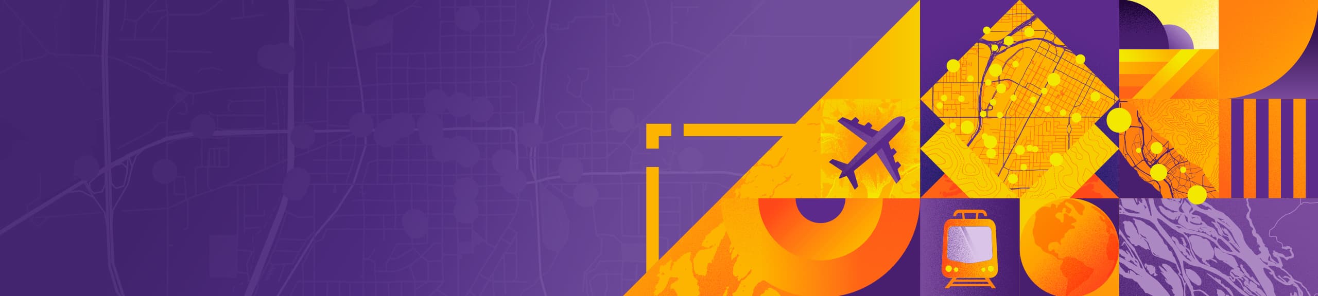 Purple, orange, and yellow montage of drawings of maps, a bus, an airplane, and geometric shapes