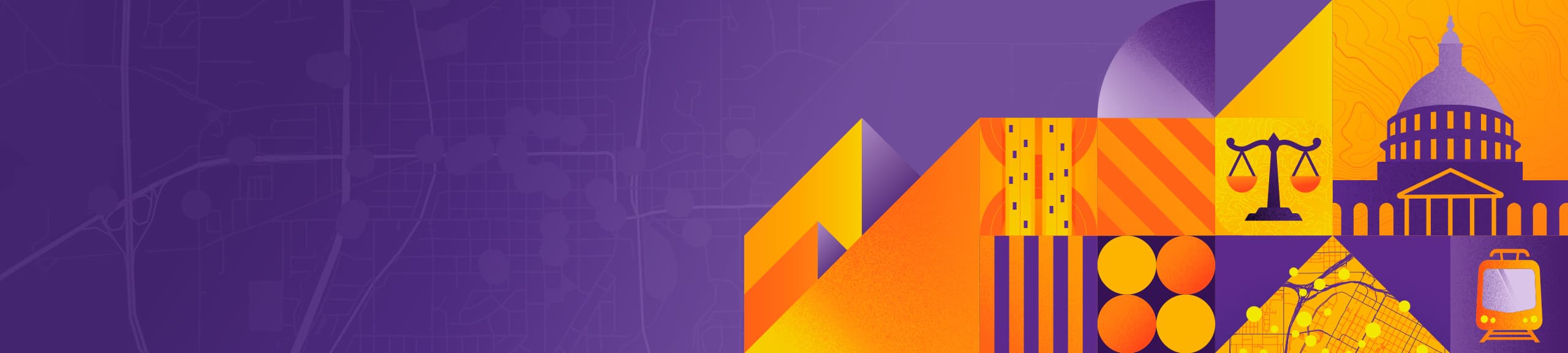 Montage in orange, yellow, and purple drawings of maps, scales, a suitcase, the US Capitol dome, and geometric shapes