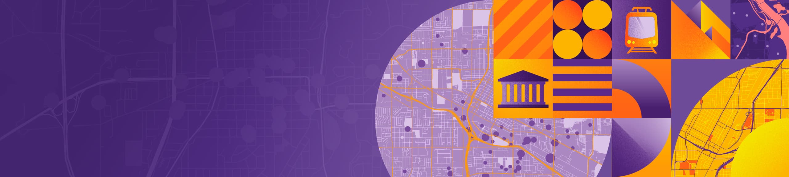 Artwork collage in purple, orange, and yellow depicting maps and geometric shapes