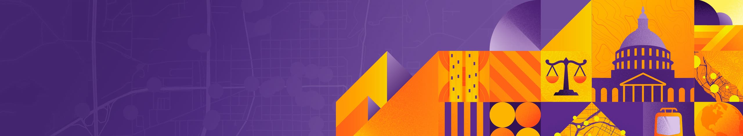 Yellow, purple, and orange montage of abstract elements, scales of justice, maps, and US Capitol dome