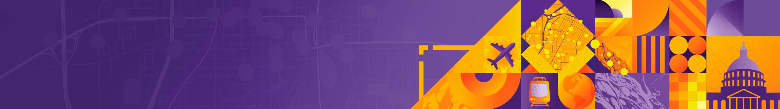 Montage of geometric shapes, the US Capitol dome, and an airplane in orange, yellow, and purple