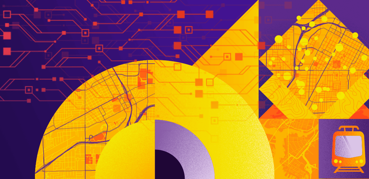 A purple background housing geometric shapes in orange and yellow overlaid with maps