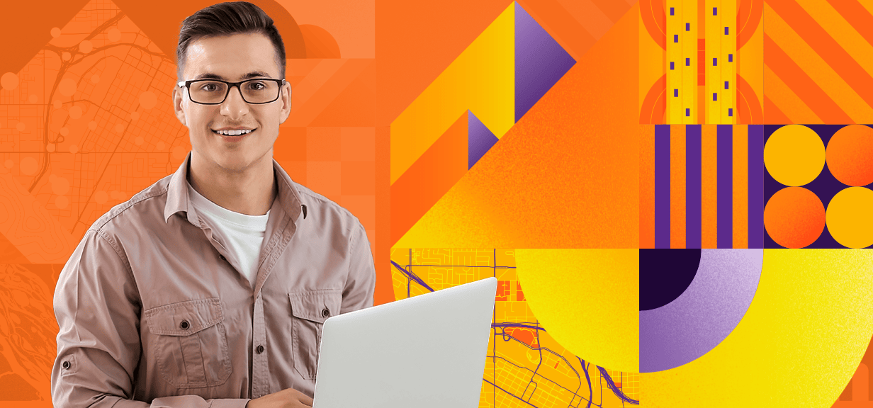 Smiling person in a khaki shirt with an open laptop against a background of geometric shapes