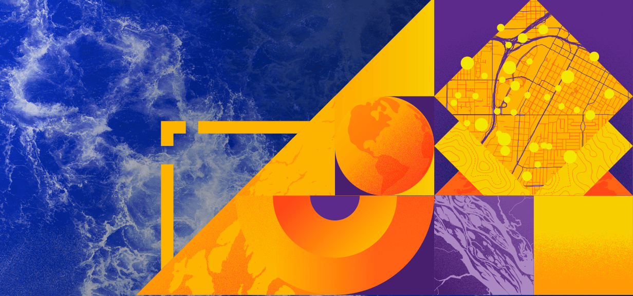 Dark blue background overlaid with yellow and orange geometric shapes, some containing maps