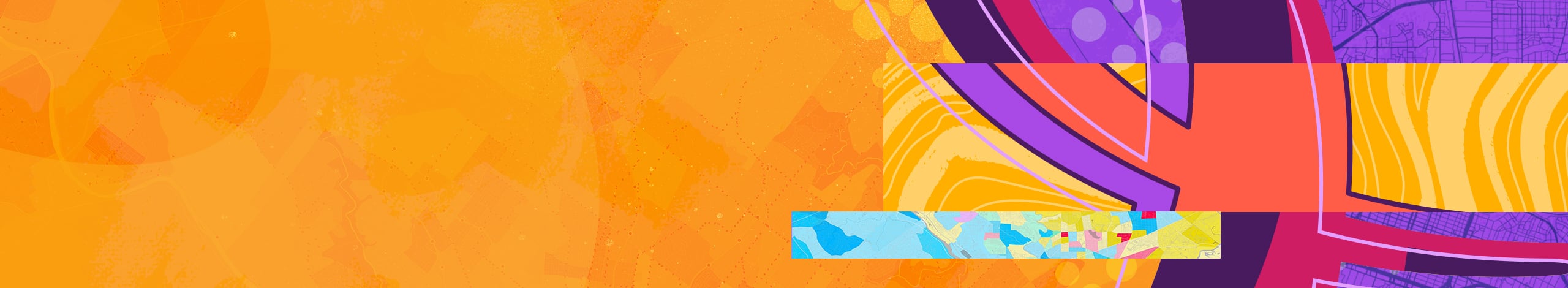 Abstract banner in orange, purple, and coral with sweeping curves and colorful map-inspired graphics