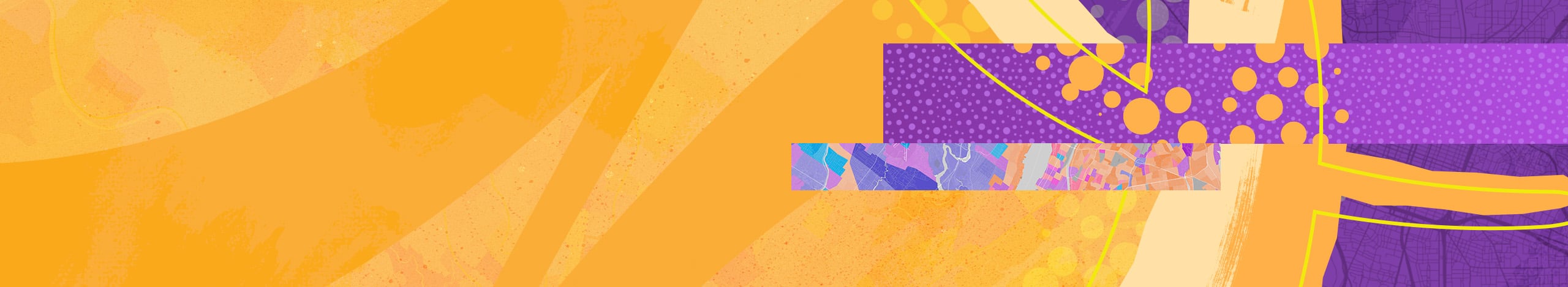Abstract banner in orange and purple with sweeping curves and colorful map-inspired graphics