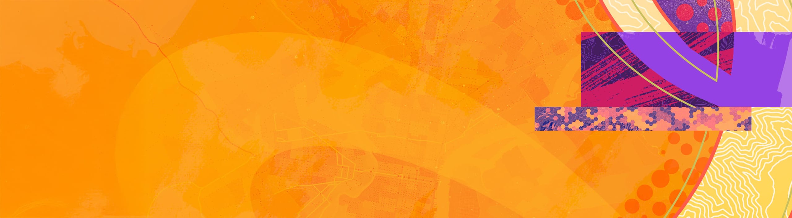 Abstract orange and purple banner with layered topographic lines, textures, and hexbin patterns