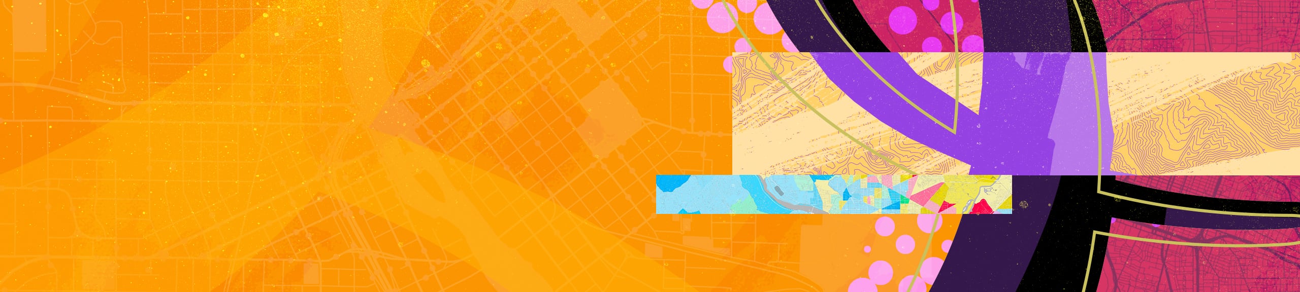 Abstract banner in orange and purple with colorful map-inspired graphics like topographic lines