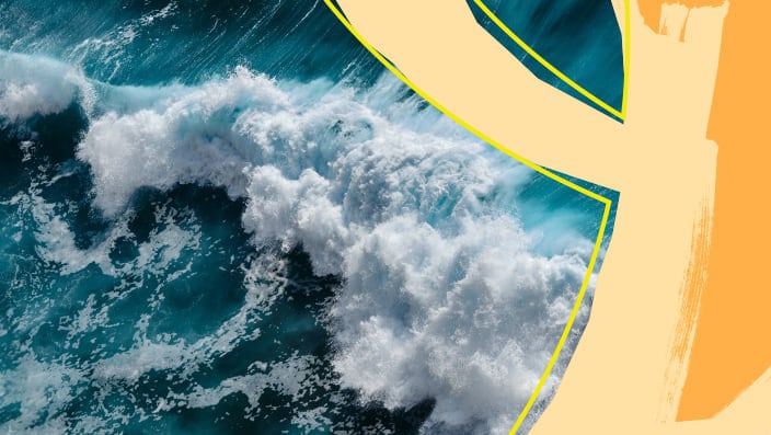 White-capped ocean wave paired with yellow curved graphics