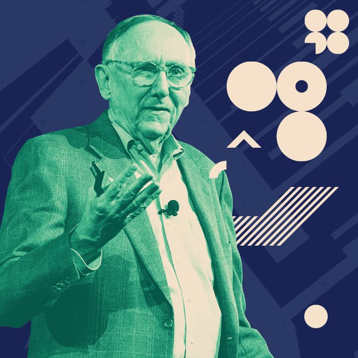 Green-tinted photo of Esri president Jack Dangermond presenting against a dark blue background with circles and lines