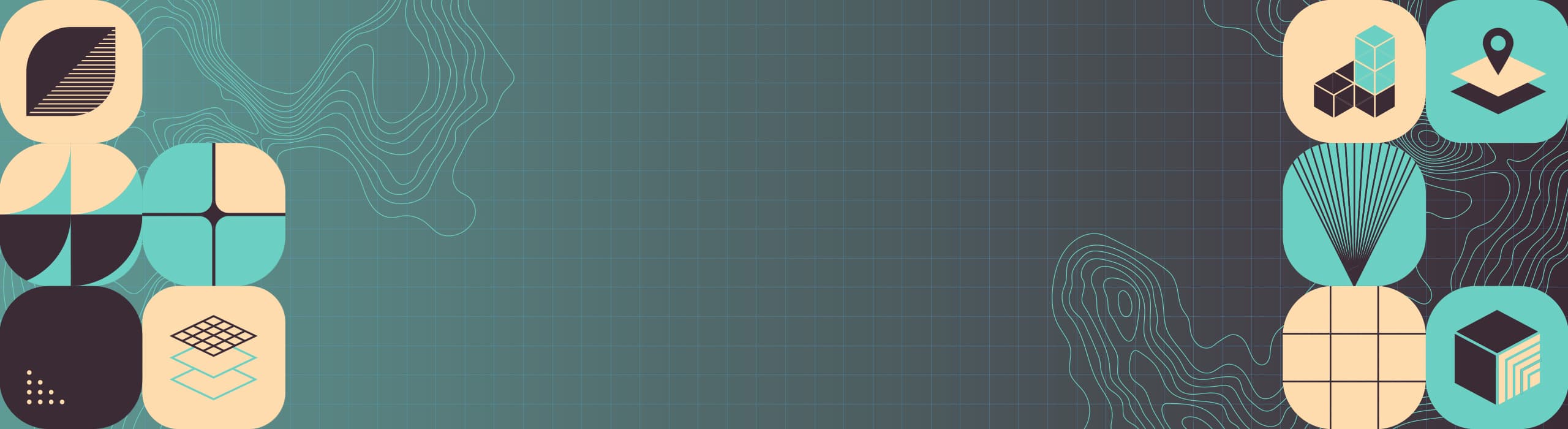 Stylized graphics of contour lines and mapping icons such as stacked layers, a location marker, and grids