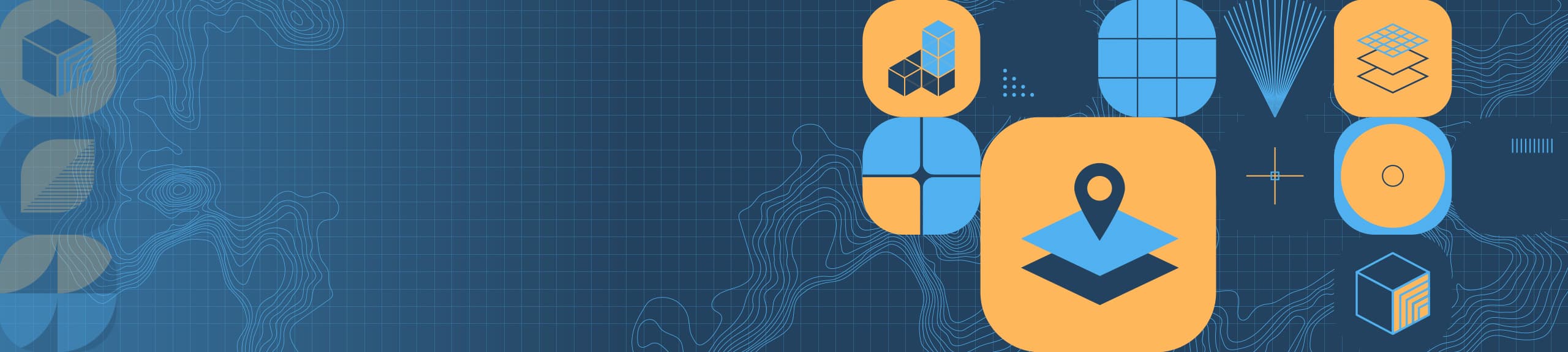 Stylized graphics of contour lines and mapping icons such as stacked layers, a location marker, and grids