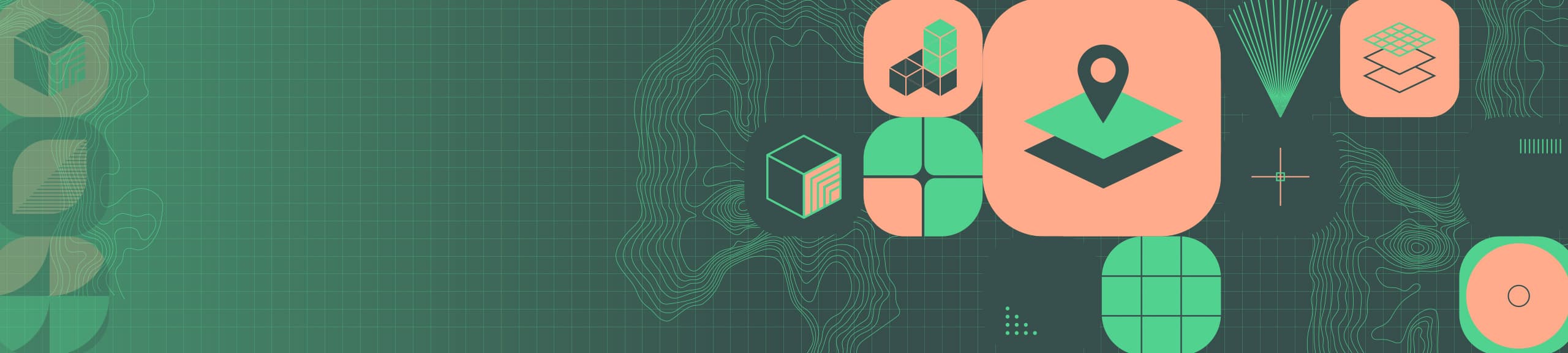 Stylized graphics of contour lines and mapping icons such as stacked layers, a location marker, and grids