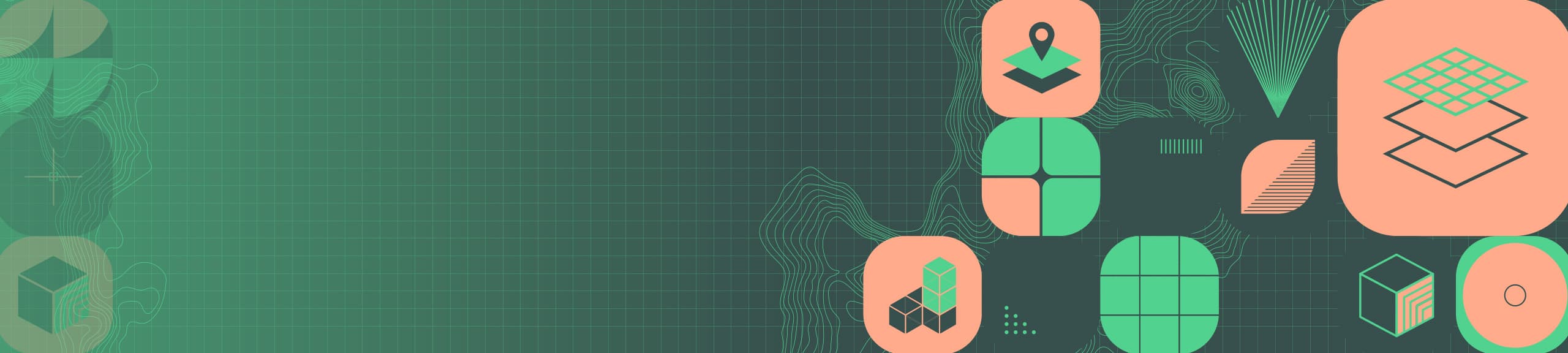 Stylized graphics of contour lines and mapping icons such as stacked layers, a location marker, and grids