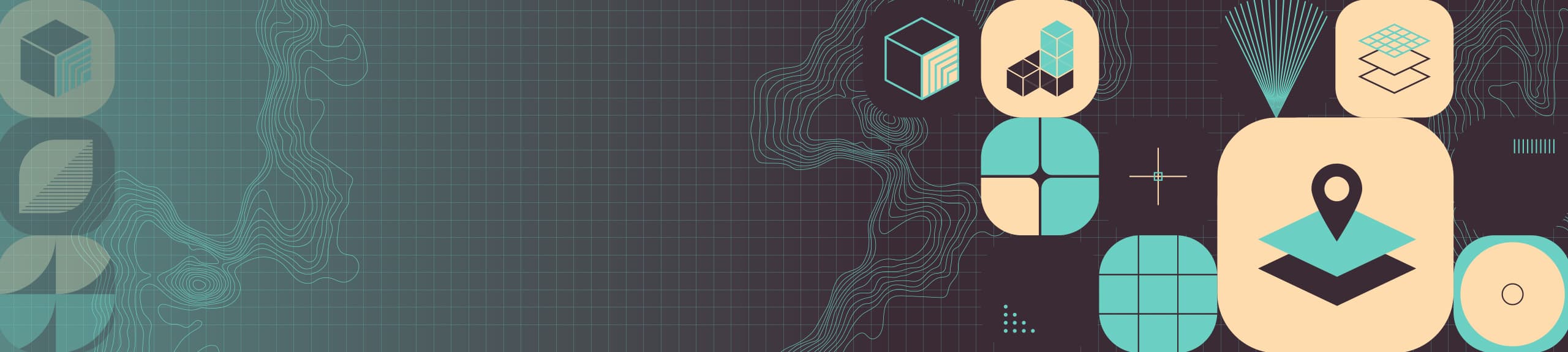 Stylized graphics of contour lines and mapping icons such as stacked layers, a location marker, and grids