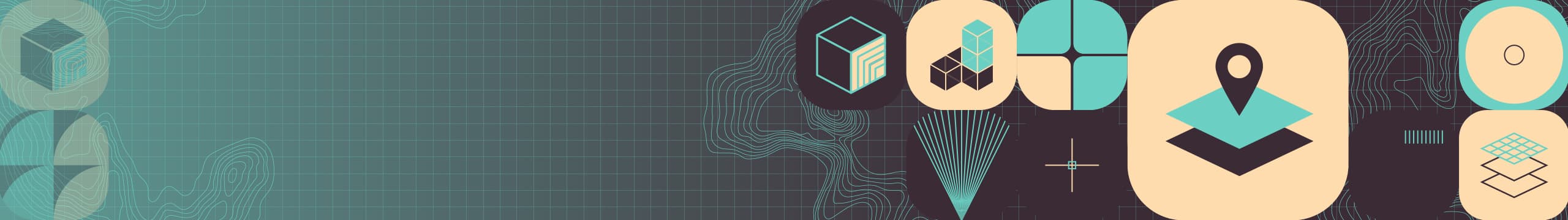 Vibrant multicolor background made of interwoven diagonal lines with overlays depicting detailed hill shade maps and illuminated areas of interest