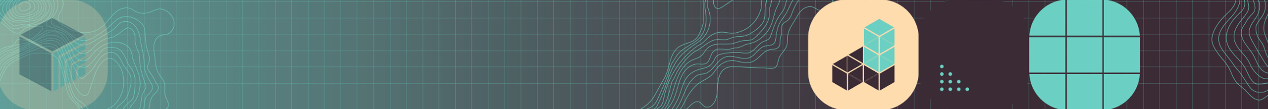 Wide horizontal banner featuring abstract technology-themed graphics on a teal gradient background. 