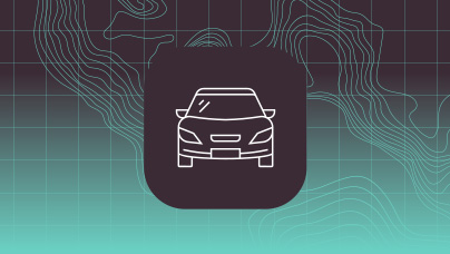 A simple white car icon is centered on a dark rounded square, set against a stylized grid map background. 