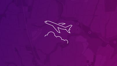 A simple line icon of the side view of an airplane over clouds in white lines on a purple background
