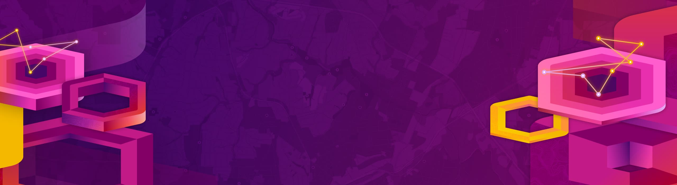 Pink, yellow and purple hexagons on a purple backgroud with the words Esri GIS Leadership Summit in white