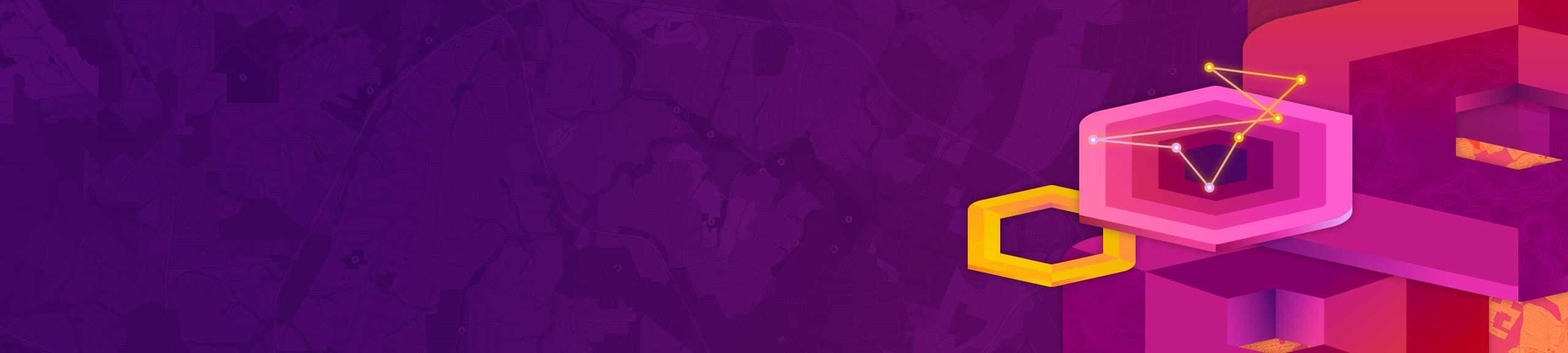 Pink, yellow and purple hexagons on a purple backgroud with the words Esri GIS Leadership Summit in white