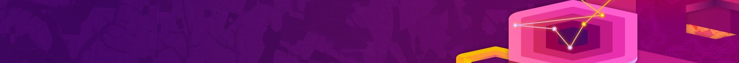 Pink, yellow and purple hexagons on a purple background with the words Esri GIS Leadership Summit in white