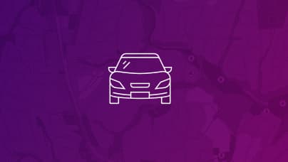 A simple line icon of the front view of a passenger vehicle in white lines on a purple background