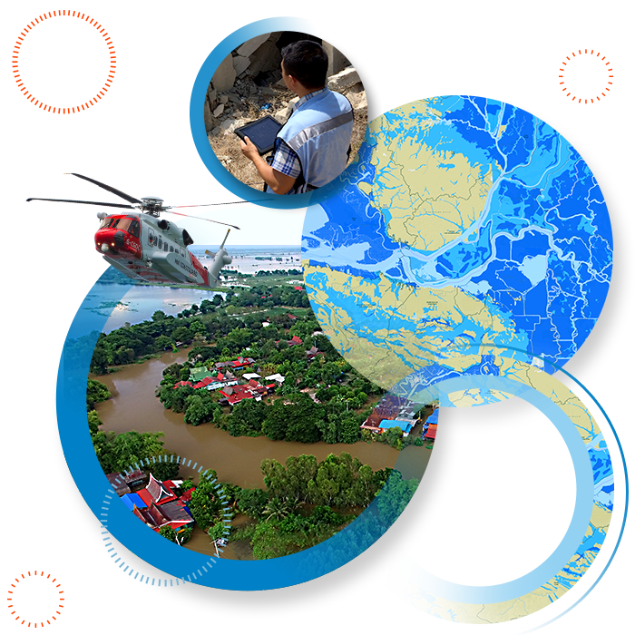 A helicopter flying away from a remote, flooded village, a map showing the flooded area, and a person with a tablet