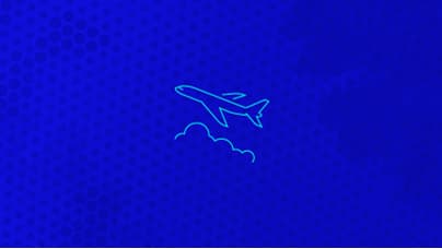 A simple line icon of the side view of an airplane over clouds in teal lines on a blue background